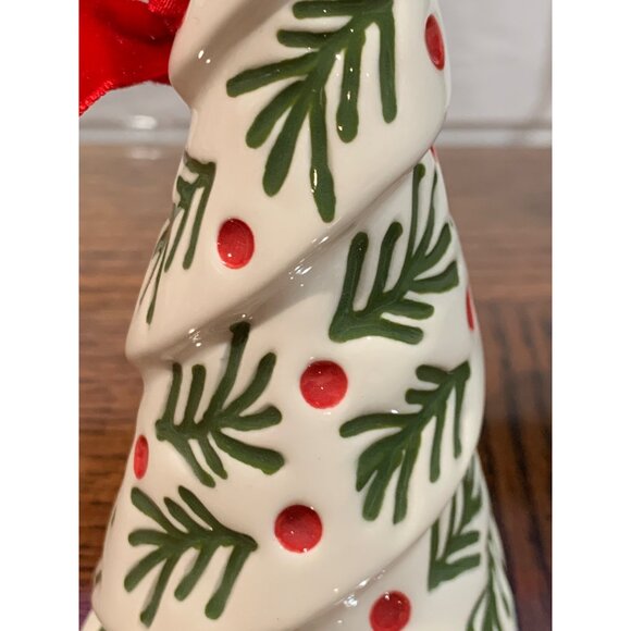 Mud Pie Christmas Tree Ornament Ceramic Red Ribbon Hanger & Green Pine Holly - Picture 3 of 5